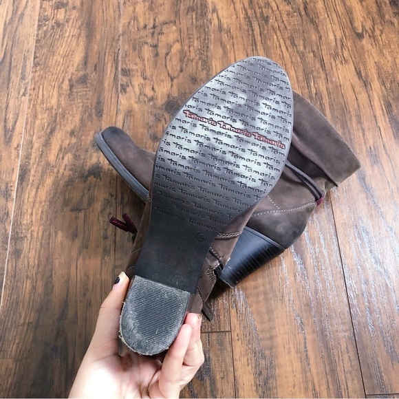 Tamaris • Lizudi ankle boots brown leather booties heeled fleece lined tassel - Picture 12 of 14